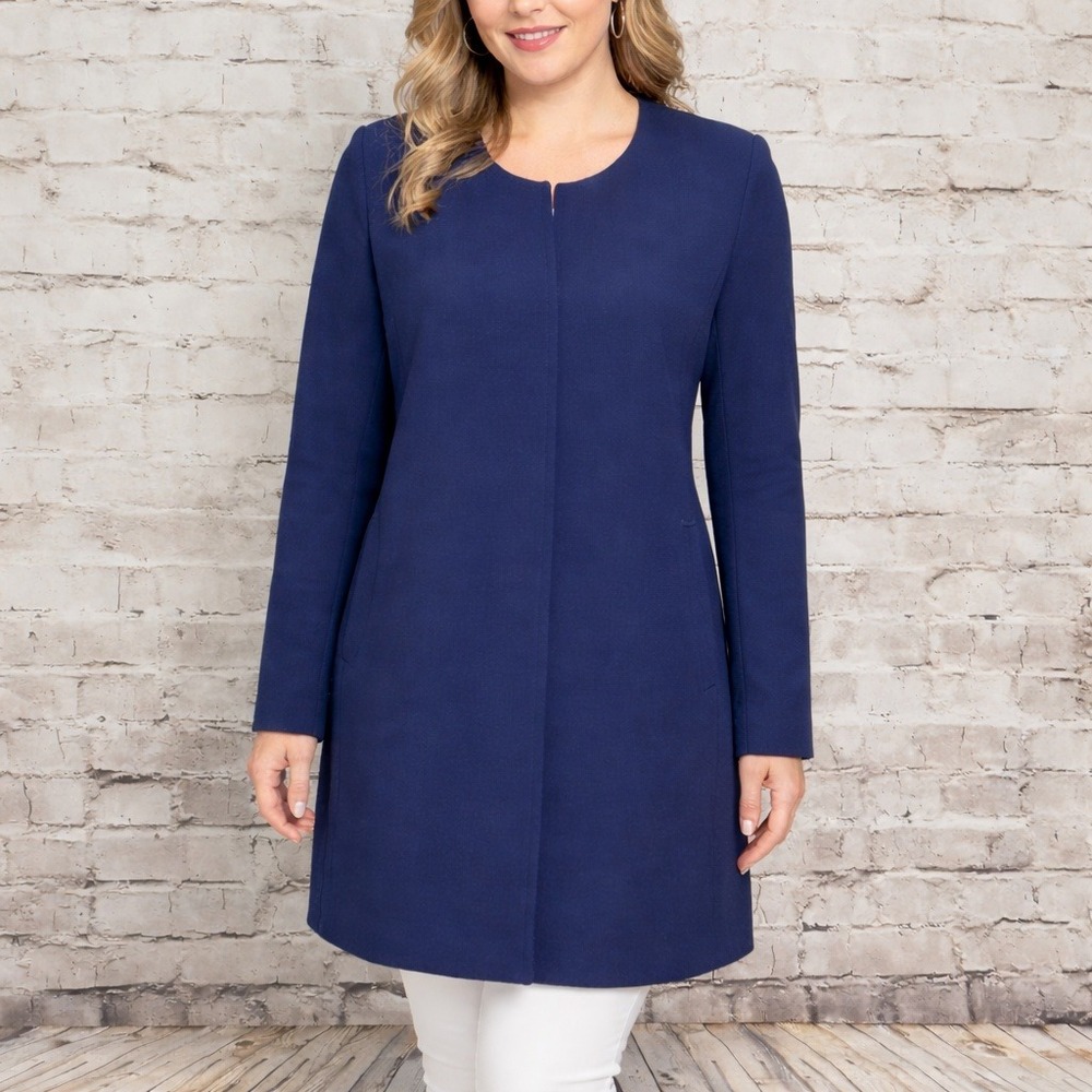 Iman Size L Navy Long Line Sport Coat Jacket Career Casual Collarless Jacket
